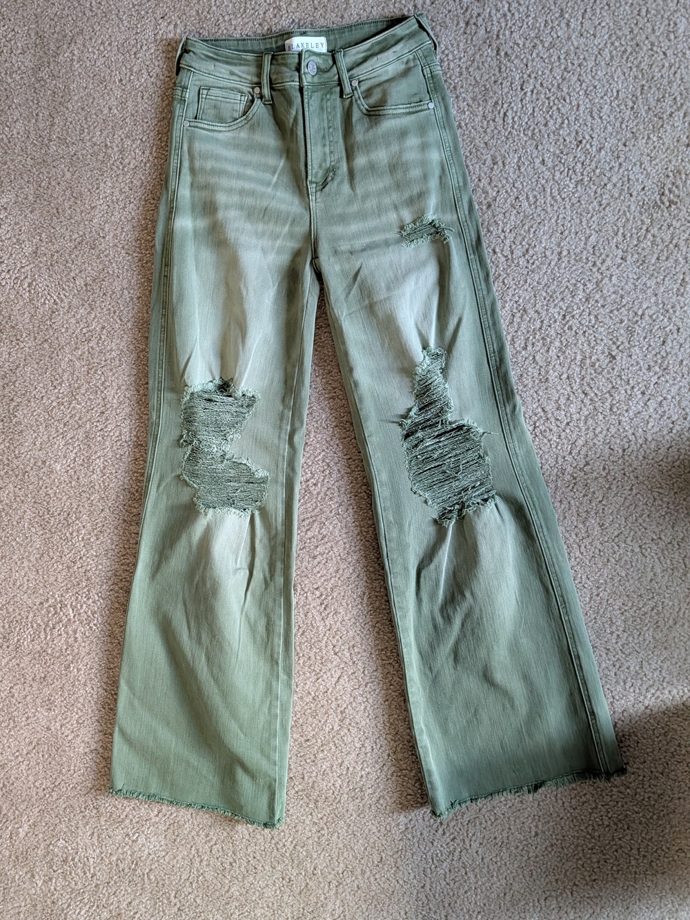 High-Rise Olive Green Wide-Leg Distressed Jeans